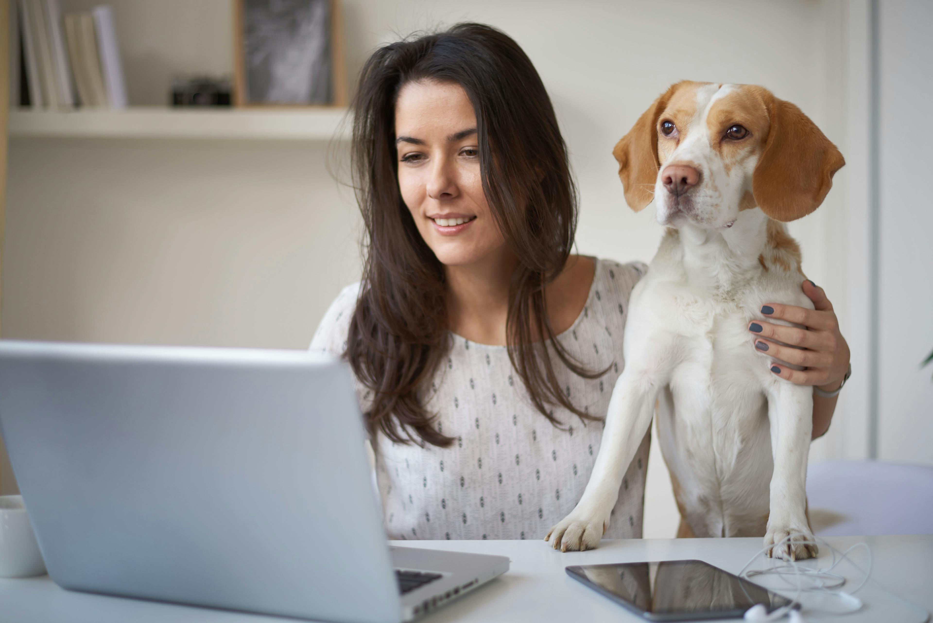 Woman reading computer with dog