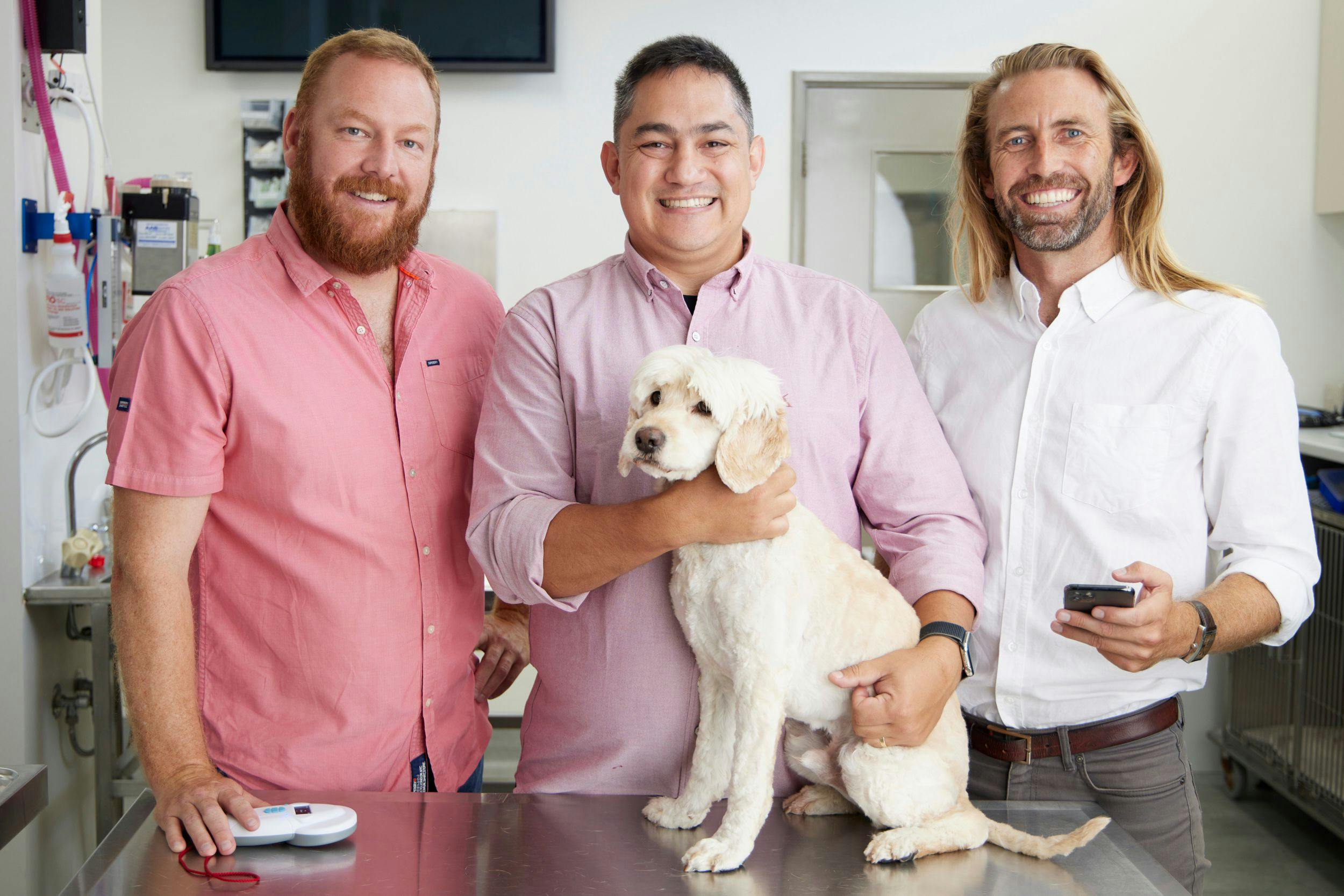 Vedi founders (left to right) Dr Steve Joslyn, Anton Tjea, Ross Wyness, and Hugo the dog (Photo courtesy of Vedi). 