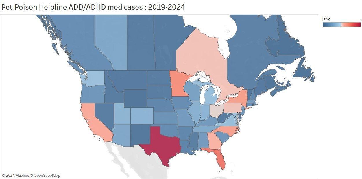 This map created by Pet Poison Helpline identifies which areas have the highest number of ADHD/ADD medication-related calls. (Image courtesy of Pet Poison Helpline) 